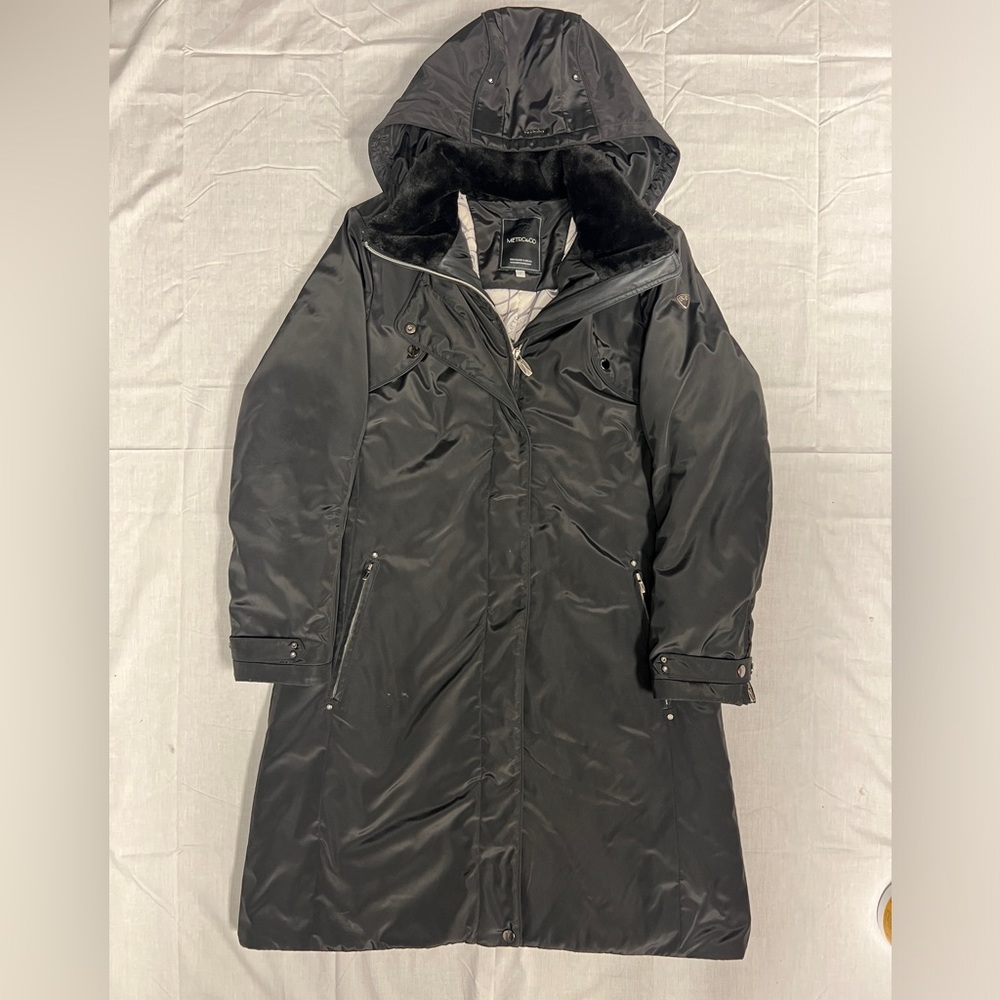 Metro&Co Women Black Long Insulated Lined Removal Hood Winter Coat Size 8